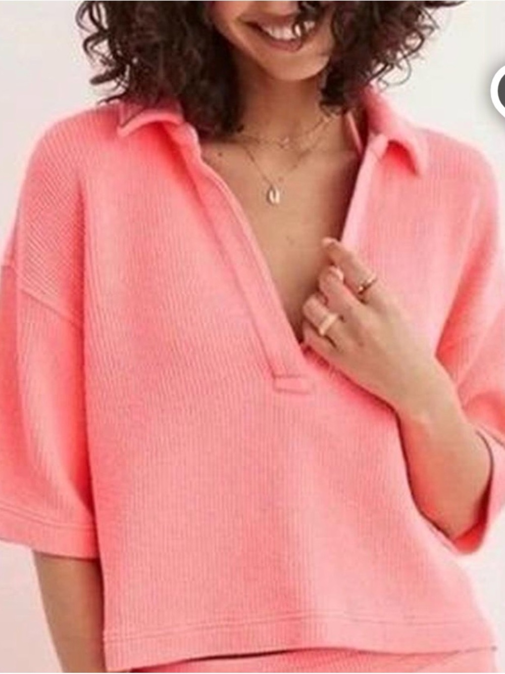 aerie Bright Coral Pink Cropped Knit Polo